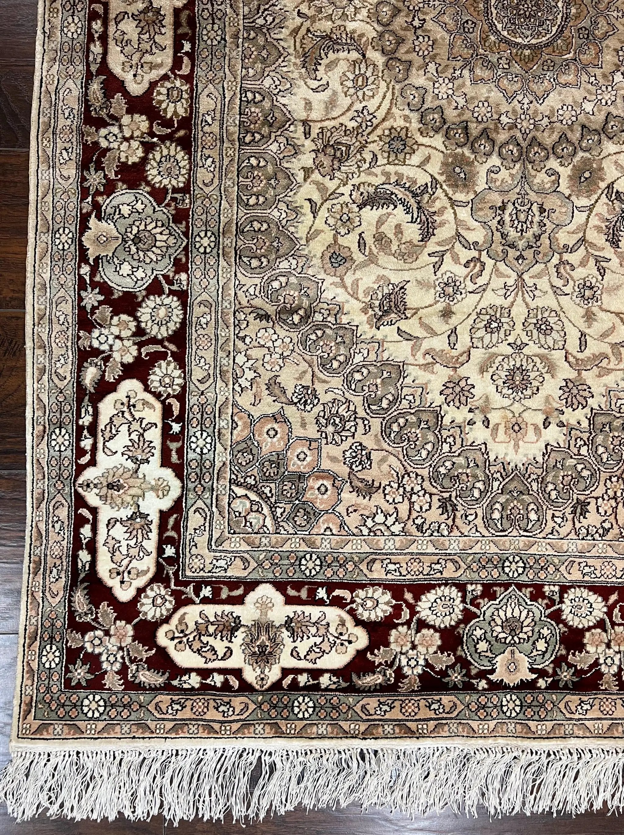 Silk Indian Kashmiri Rug 4x6 ft, Floral Medallion Hand Knotted Handmade Oriental Carpet, Vintage, Cream Burgundy, Very Fine Silk Rug 4 x 6 by Jewel Rugs