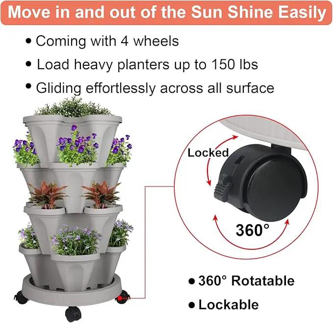 Vertical Planter 4 Tier Stackable Planters Garden Planters Strawberry Herb Flower and Vegetable Planter Indoor Outdoor Gardening Pots with Removable Wheels and Tools 2-Pack by GreenHaven Gardens