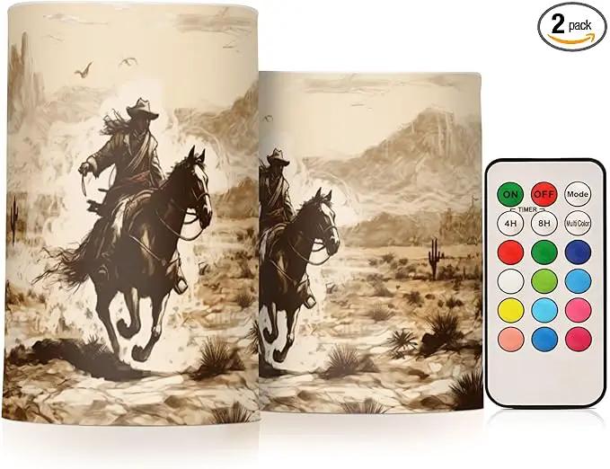 Western Desert Cowboy Flameless Candles with Remote Control and Timer, Adjustable Brightness Long Lasting Battery Operated LED Pillar Candles for Indoor Outdoor Party Home Decor, 2 Pack by GreenHaven Gardens