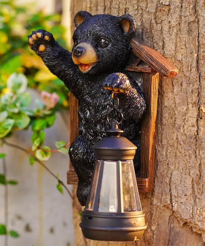 Black Bear Decor with Solar Lantern Tree Hugger - 7 Inch Bear Statue Outdoor Garden Yard Decor,Best Bear Garden Gifts for Mom,Women by GreenHaven Gardens