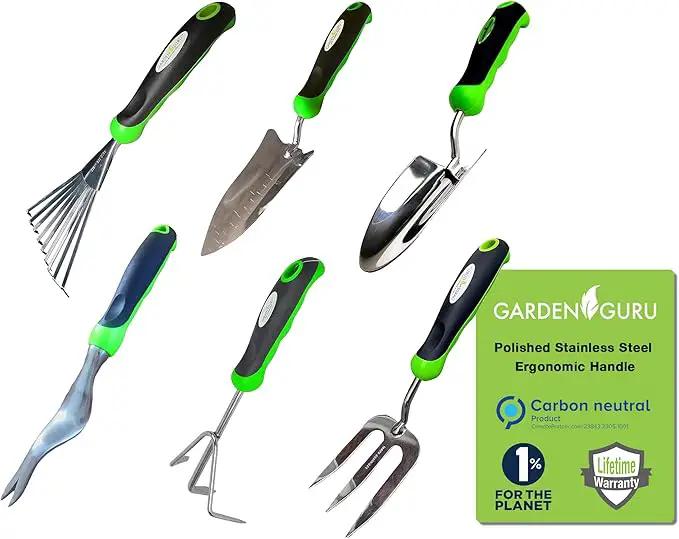 Garden Guru Garden Tool Set 6pc Hand Trowel Transplanter Weeder Fork Rake Cultivator – Heavy Duty Stainless Steel - Ergonomic Comfort Grip Handle – Perfect Gardening Tool Kit Gifts for Women and Men by GreenHaven Gardens