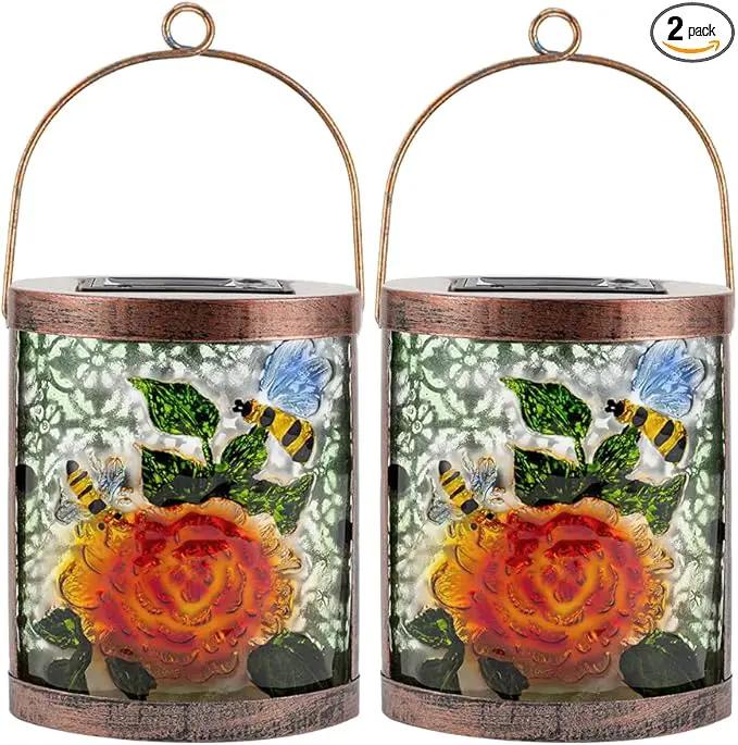 Starsoul 2 Pack Hanging Solar Lantern Outdoor Waterproof Glass Bee and Flowers Decorative Solar Lights for Outside Garden Yard Table Patio Decor by GreenHaven Gardens
