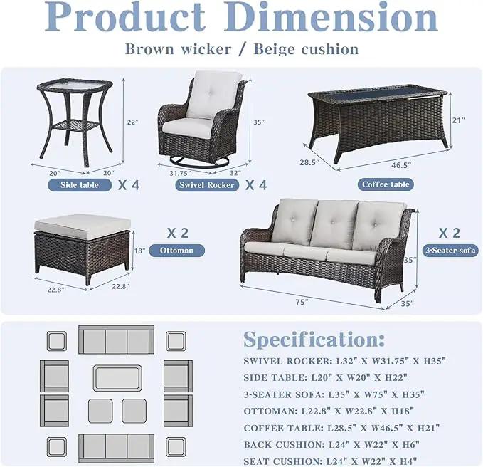 Wicker Patio Furniture Sets - 13 Piece Outdoor Rattan Furniture Conversation Sets with 4 Swivel Rocker Chairs, 2 Rattan Sofas, Wicker Ottomans and Coffee Table, Brown/Beige by GreenHaven Gardens