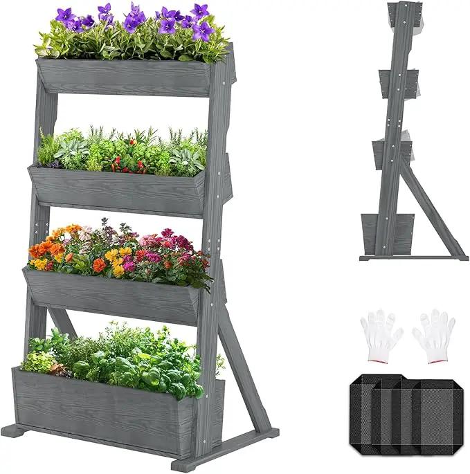 SUNYRISY 4 Tiers Vertical Raised Garden Bed Outdoor Planter Tower, Wooden Freestanding Planter Box for Planting Herbs Flowers Vegetables Backyard Patio Balcony Indoor Outdoor Gardening, Grey by GreenHaven Gardens
