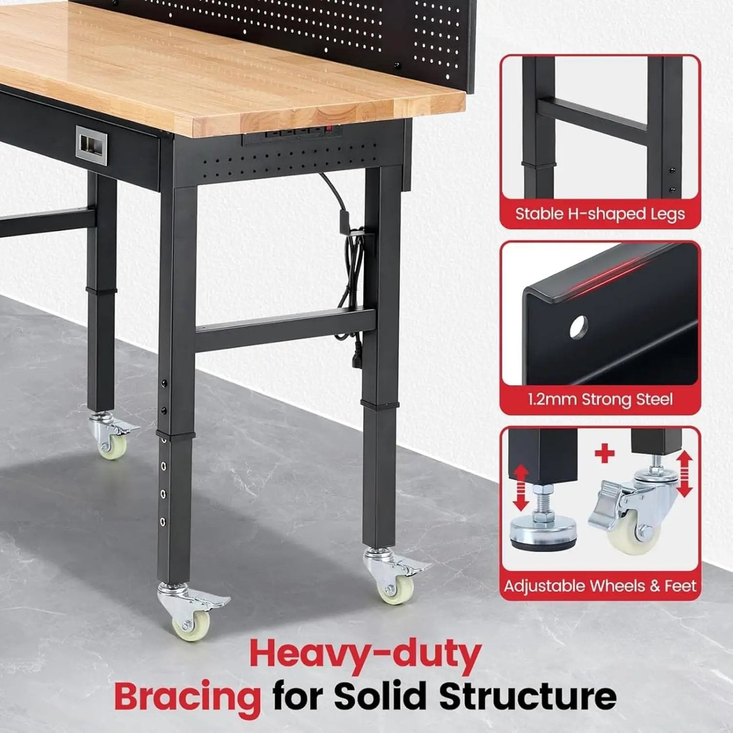 Workbench with Wheels 60 x 22 Inch Adjustable Height Work Table for Garage Heavy Duty Rubberwood Tabletop Work Bench with LED, Drawers, Pegboard, Power Outlets for Office Home Commercial by GreenHaven Gardens