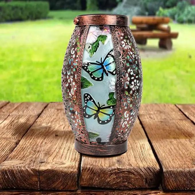 Butterfly Solar Lanterns Glass & Metal Hanging Light Outdoor Waterproof Tabletop Lamp with Hollowed-Out Design for Garden Patio Table Decor by GreenHaven Gardens