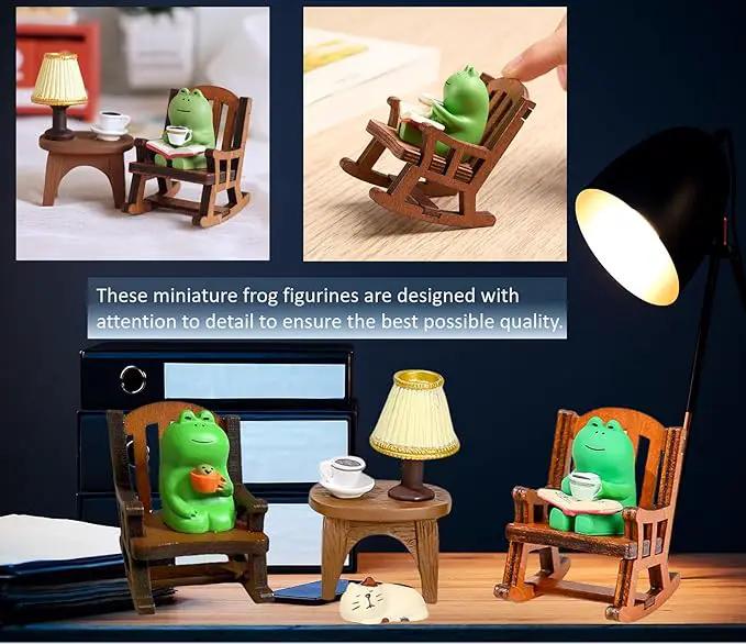 7 Pcs Cute Frog Rocking Chair Set with Miniature Frog Figurines, Mini cat, and Whimsical Trinkets - Versatile Decor for Office, Home, Yard, Patio, and Lawn by GreenHaven Gardens