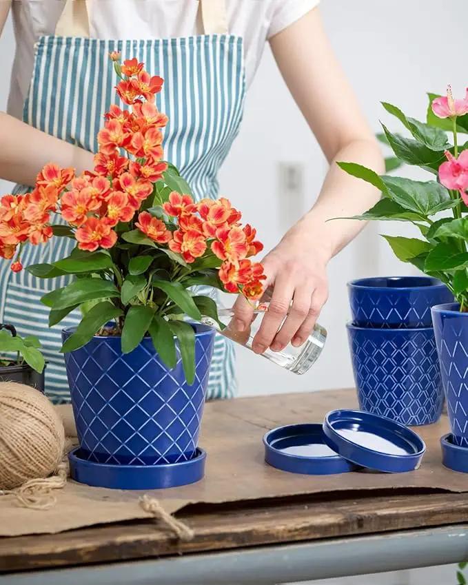 Ceramic Plant Pots –5 inch Indoor Flower Pot with Drainage Hole and Ceramic Tray - Gardening Home Desktop Office Windowsill Decoration Gift, Set of 4-Plants NOT Included(Blue) by GreenHaven Gardens