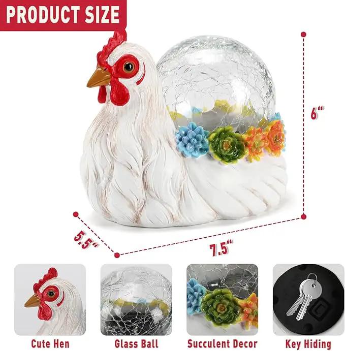Solar Chicken Garden Statue Lights for Outdoor Decor with Cracked Glass LED Rooster Figurine Lighting Resin Succulent Hen Decorations for Patio Lawn Yard Home Housewarming Mom Wowen Gifts by GreenHaven Gardens