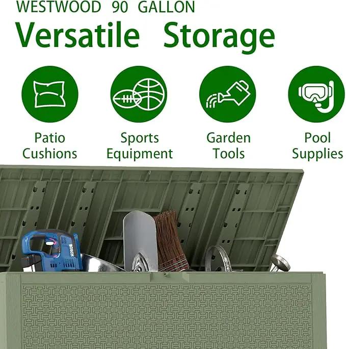 Outdoor Storage Box, 90 Gallon Deck Box, Waterproof Resin Storage Bin for Patio Cushions, Gardening Tools, Lockable, UV Resistant,Olive Green by GreenHaven Gardens