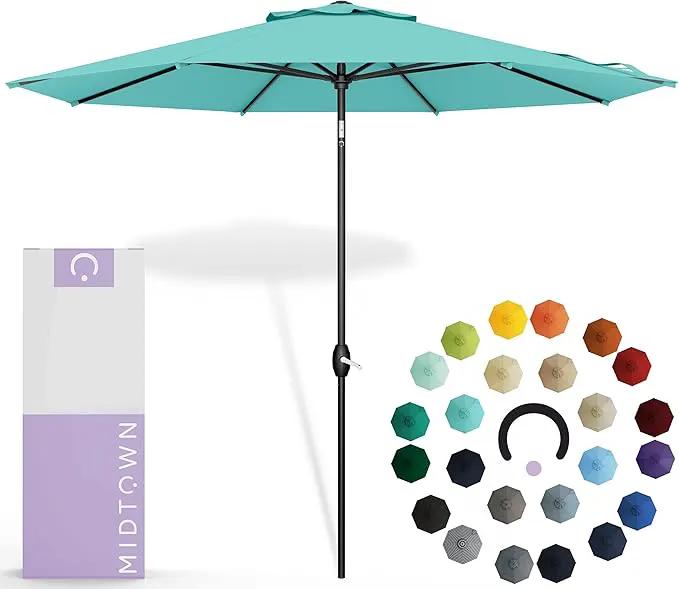 Midtown Umbrellas Sunbrella Umbrella 8 Feet Outdoor Umbrella With Sunbrella Aruba Acrylic Fabric - Auto-Tilt Aluminum Frame Patio Umbrella For Backyard, Deck, Garden, Pool - Black Pole by GreenHaven Gardens
