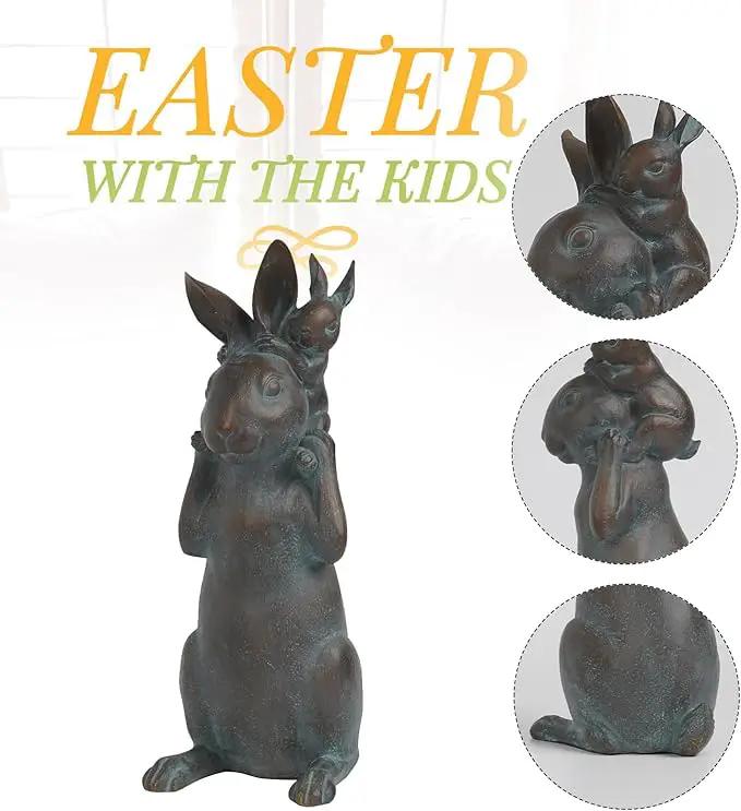 Rabbit Garden Statues Bunny Decorations - Easter Bunny Father with Baby Figurine Easter Gift Dark Gray Garden Spring Bunny Sulpture for Yard Framhouse Outdoor Décor 7*5.25*15.25 in Newman House Studio by GreenHaven Gardens