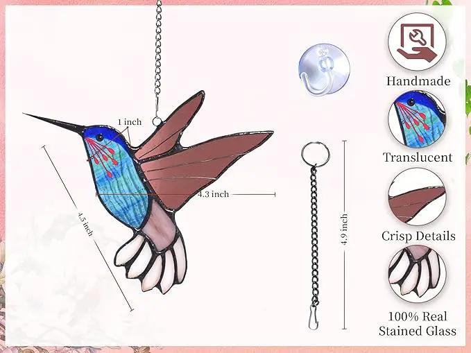 Lolitarcrafts Stained Glass Hummingbird Window Hangings with Flowers, Bird Stained Glass Suncatcher for Window Decor Hummingbird Gifts for Mom,Bird Lovers (Blue B) by GreenHaven Gardens