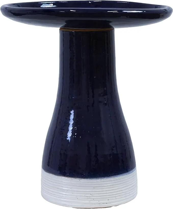 Sunnydaze 21" H Ceramic Bird Bath for Outside - Hand-Painted Outdoor Bird Bath Bowl, UV/Frost-Resistant Finish - Midnight Blue - Ribbed Pedestal by GreenHaven Gardens