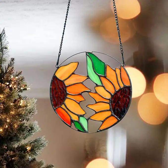 BOXCASA Sunflower Decor Stained Glass Window Hanging,Handmade Art Craft Sun Flower Glass Suncatchers for Window,Tiffany Style Ornament Home Decoration Housewarming Gifts for Mother by GreenHaven Gardens