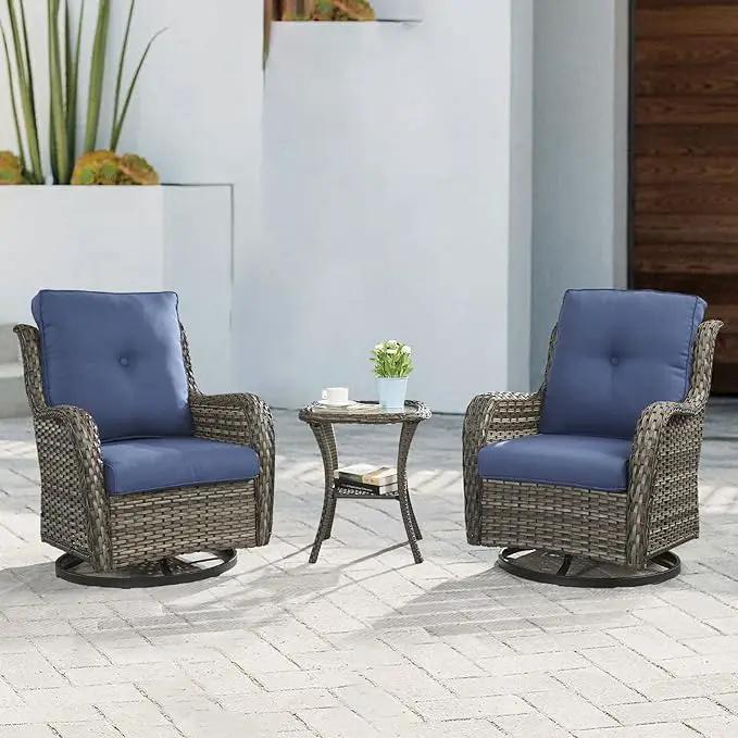 Outdoor Patio Swivel Rocker Chairs - 3 Piece Patio Bistro Set,Wicker Patio Furniture Set with 2 Swivel Rocking Chairs and 1 Glass Top Side Table for Deck Porch Garden,Mixed Grey/Blue by GreenHaven Gardens