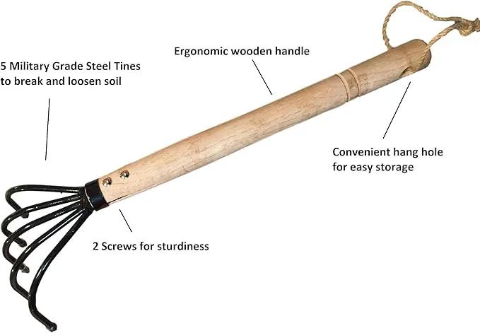 Garden Guru Hand Rake Cultivator Claw Soil Tiller - Military Grade Steel - Rust Resistant - 5 Tine Japanese Ninja Claw - Comfortable Wood Handle - Perfect Pulverized and Aerated Soil by GreenHaven Gardens
