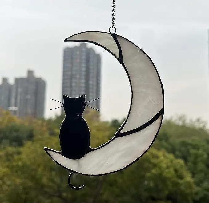 Black Cat Decor On White Moon Stained Glass Window Hanging Suncatcher for Windows Panels Sun Catcher Halloween Ornament Decoration Memorial Gift Cat for Lover Cat Loss by GreenHaven Gardens