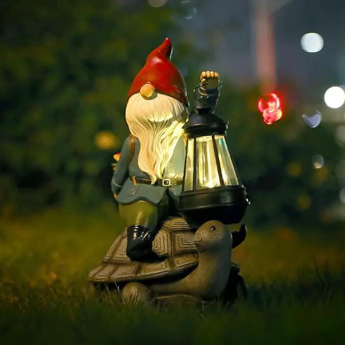 Gnome and Turtle Garden Decor, Large Outdoor Garden Sculptures & Statues, Outside Patio Yard Lawn Decorations, Housewarming for Women, Mom, Grandma with Solar Lantern by GreenHaven Gardens