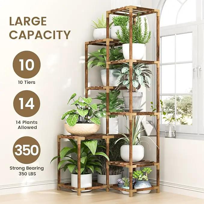 HOMKIRT Tall Corner Plant Stand with Grow Lights, Plant Shelf Indoor for Multiple Plants, Wood Plant Ladder Rack Holder Display Flower Stand for Living Room Balcony by GreenHaven Gardens