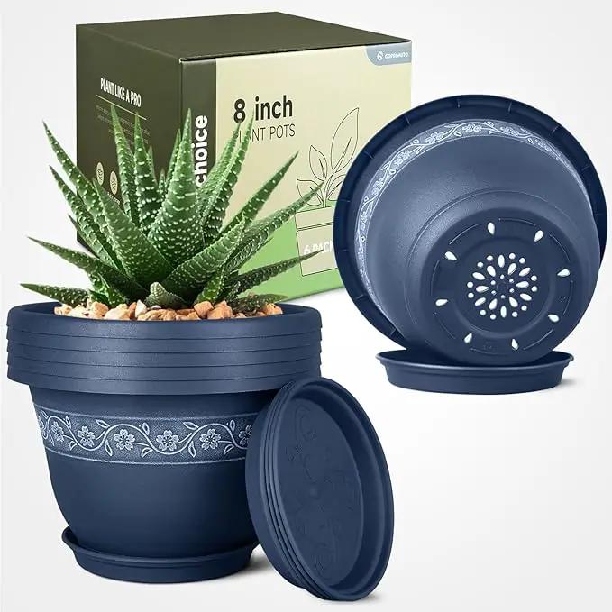8 Inch Plant Pots with Drainage Hole - Lightweight Flower Pots for Herbs and Flowers - Home Decor Plastic Planters for Indoor Outdoor Plants- Pack of 6 (Blue, 8 inch) by GreenHaven Gardens
