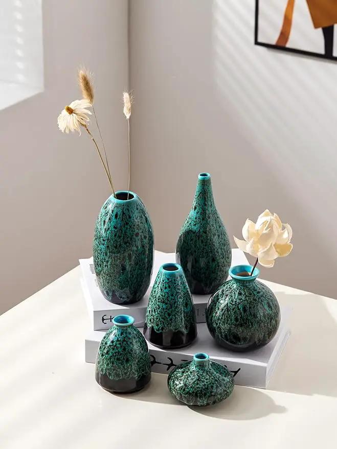 Ceramic Bud Vase Set, Fambe Blue Glazed Finish, Decorative Flower Vases (Blue-Set of 6) by GreenHaven Gardens