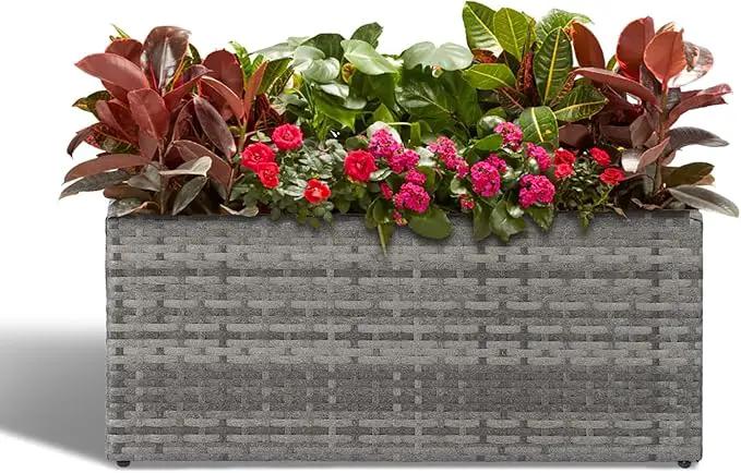LEWIS&WAYNE Large Rectangular Block Planter Box Handmade Wicker Tall Planters for Outdoor Plants with Removable Liners Modern Planter for Indoor Outdoor Patio Deck - Gray, 30''x12''x16'' by GreenHaven Gardens