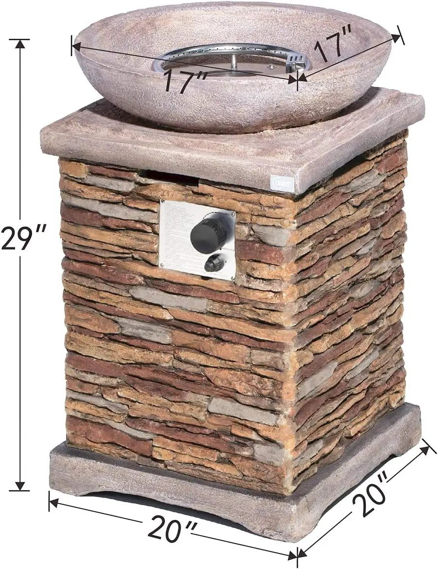 COSIEST Outdoor Propane Fire Pit Table w Faux Brown Compact Ledge Stone 20" Square Base and Faux Rose-Marble Round Bowl, CSA Certified, 40,000 BTU, Free Lava Rocks, Fits 20lb Tank Inside, Raincover by GreenHaven Gardens