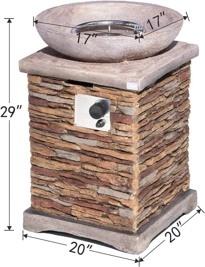 COSIEST Outdoor Propane Fire Pit Table w Faux Brown Compact Ledge Stone 20" Square Base and Faux Rose-Marble Round Bowl, CSA Certified, 40,000 BTU, Free Lava Rocks, Fits 20lb Tank Inside, Raincover by GreenHaven Gardens