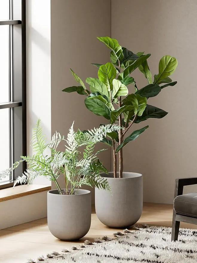 LE TAUCI 10 Inch Plant Pot, Ceramic Pots for Plants with Drainage Hole and Rubber Plug, Plant Pots Indoor for Home Garden Patio Office, Cylinder Flower Planter Pot, Neutral Gray by GreenHaven Gardens