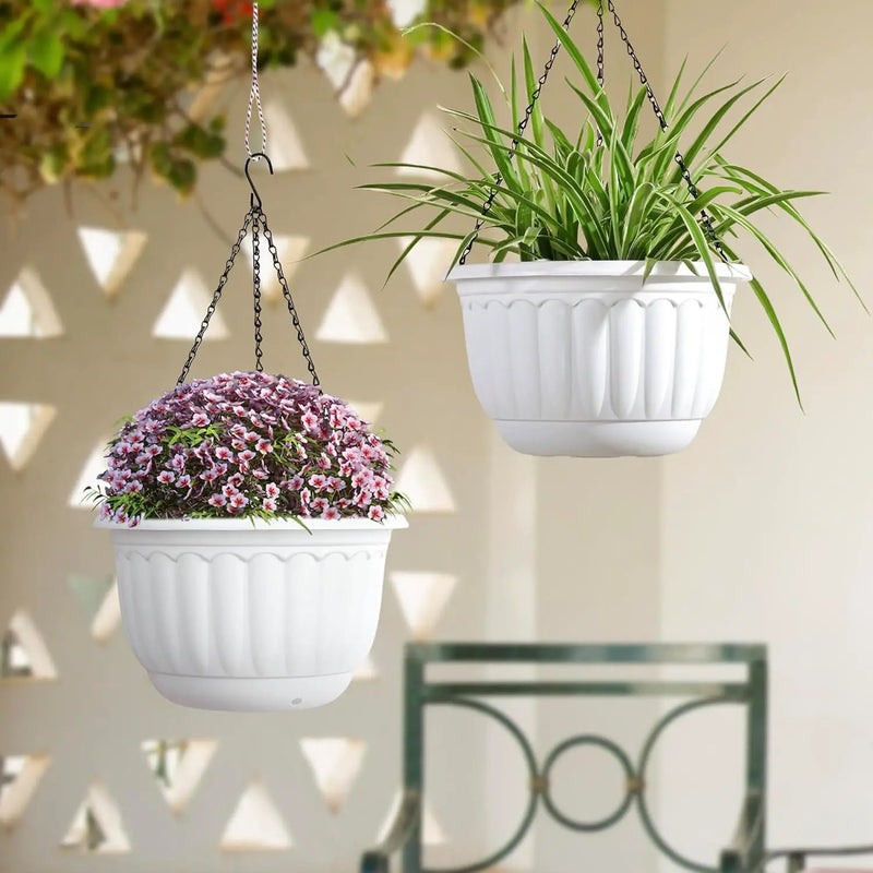 YIKUSH Planters for Outdoor Plants 2 Pack White Plant Pots with Drainage Hole and Absorbing Tray Hanging Planters for Indoor Plants (12 inch, 3 Hooks) by GreenHaven Gardens