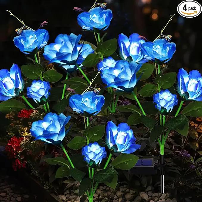 Solar Garden Lights Outdoor, 4 Pack Solar Flower Lights Outdoor Waterproof with 16 Rose, 2 Modes Realistic Rose Flower for Yard, Pathway, Garden Decor & Gardening Gift by GreenHaven Gardens