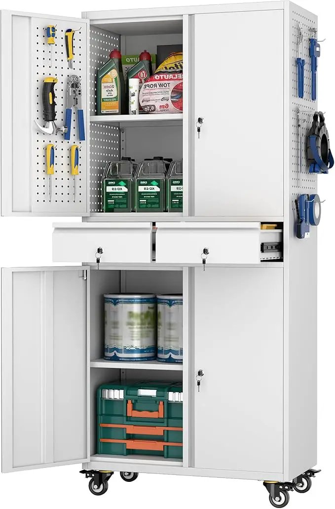 Metal Garage Storage Cabinet with Locking Doors and 2 Adjustable Shelves, Rolling Tool Storage Cabinet with 4 Wheels and 2 Drawer for Garage, Warehouse, White, Assembly Required by GreenHaven Gardens