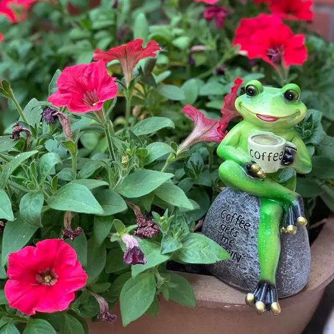 OwMell Frog Statue for Garden, Drinking Coffee Green Frog Figurine for Outdoor Decor Yard and Garden Decoration Resin Sculpture 6 Inches by GreenHaven Gardens