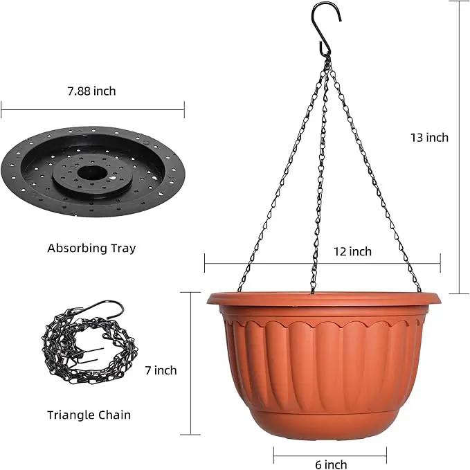 YIKUSH Hanging Planter for Indoor and Outdoor Plants 2 Pack 12 inch Flower Pot Plastic Plant Pot with Drainage Hole and Absorbing Tray（Terracotta） by GreenHaven Gardens