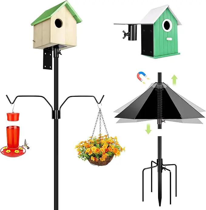 Bird Feeder Pole, 79 Inch Heavy Duty Bird House Pole Mount Kit for Outdoors, Adjustable Feeding Stand, with 2-Hooks, Metal Squirrel Baffle and 5-Prong Base, Black by GreenHaven Gardens