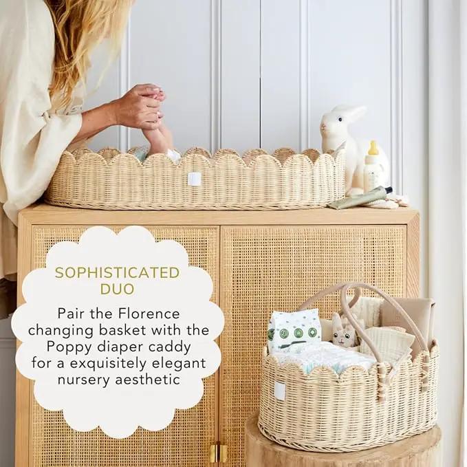 Bebe Bask Premium Baby Changing Basket - Artisan-Crafted Scalloped Rattan - Changing Basket for Baby Dresser - All Accessories Included - Complete Set for Nursery (Natural) by GreenHaven Gardens