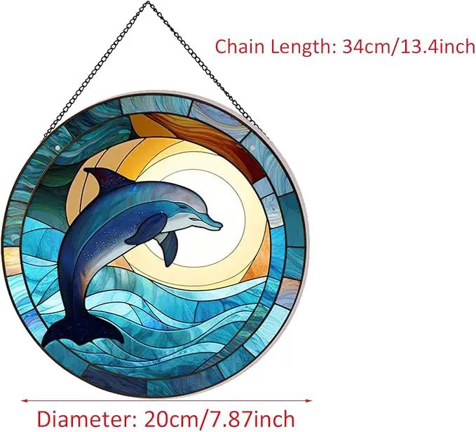 Dolphin Pattern Suncatcher Stained Glass,Hanging Stained Glass for Windows,20cm/7.87inch Hand-Painted Sun Catcher Garden Hangings Painted Glass Panel Decor Themed Gift by GreenHaven Gardens