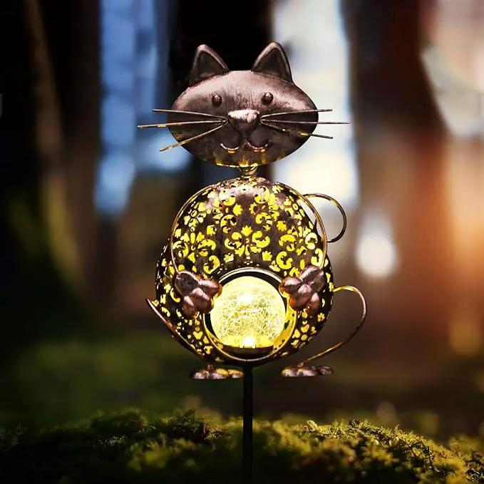 KAIXOXIN Garden Solar Lights Metal Cat Crackle Glass Globe Stake Light Waterproof Warm White LED Solar Path Lights (Cat-Bronze) by GreenHaven Gardens