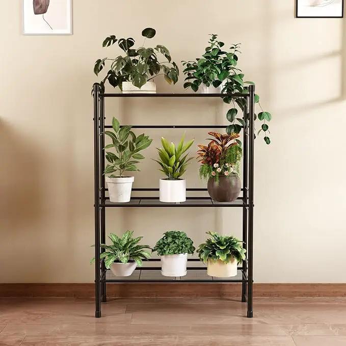 New England Stories Outdoor Plant Stand, 3-Tier Metal Plant Rack, Heavy Duty and Waterproof Plant Shelf, Stackable Tall Flower Pot Holder for Garden Display Rack, Black by GreenHaven Gardens