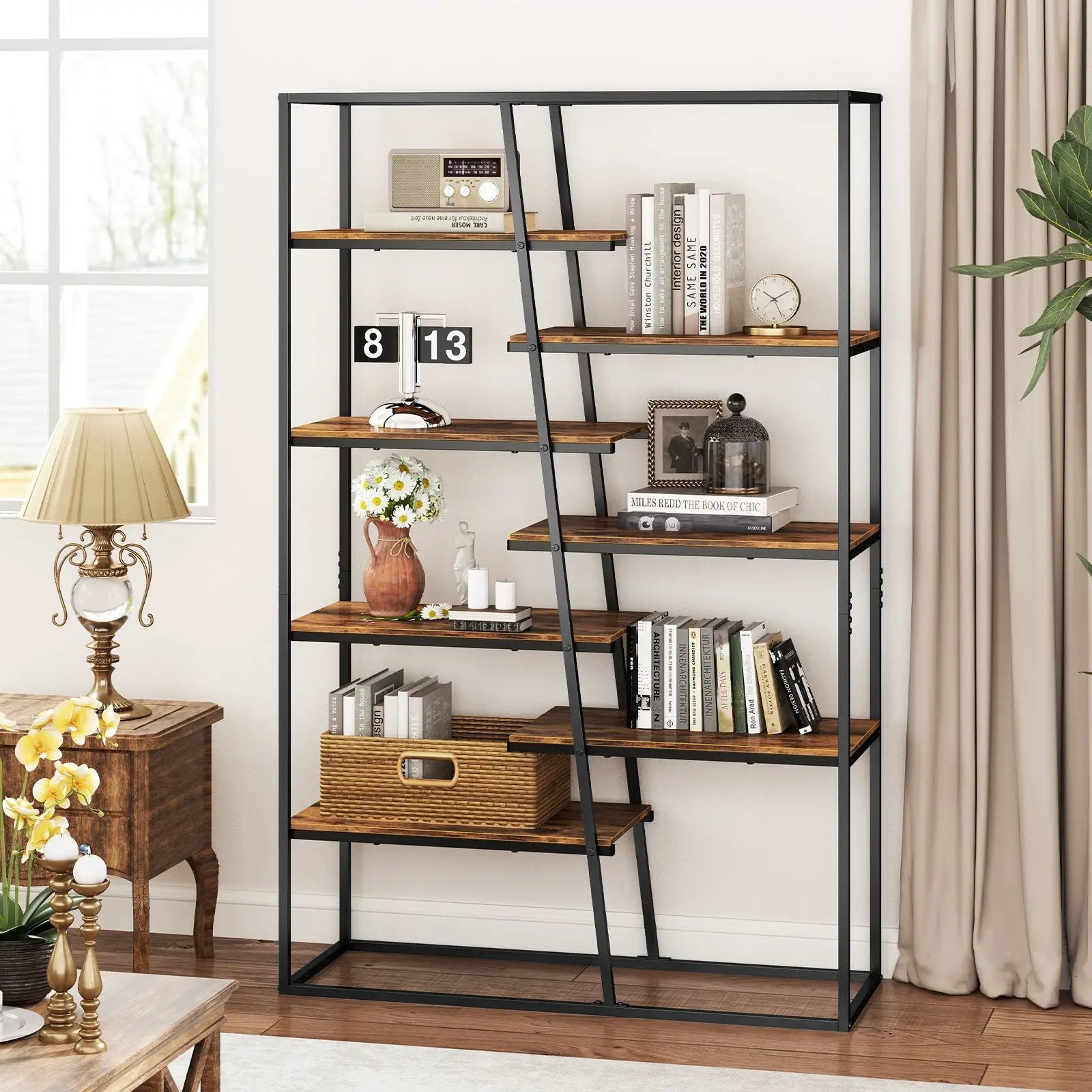 71-Inch 7-Tier Industrial Etagere Bookcase with Heavy-duty Metal Frame-Rustic Brown by DirectDeals
