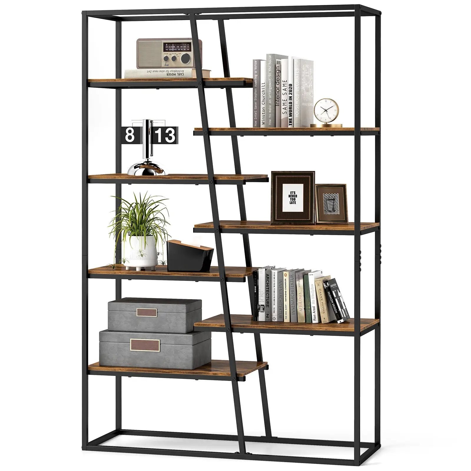 71-Inch 7-Tier Industrial Etagere Bookcase with Heavy-duty Metal Frame-Rustic Brown by DirectDeals