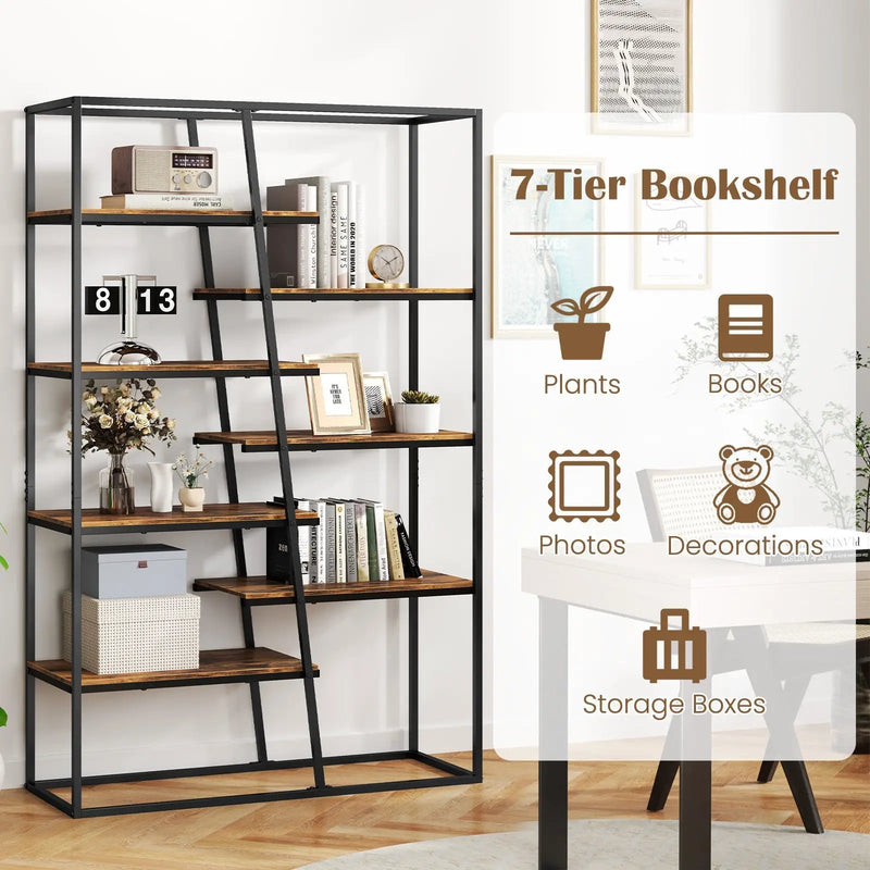 71-Inch 7-Tier Industrial Etagere Bookcase with Heavy-duty Metal Frame-Rustic Brown by DirectDeals