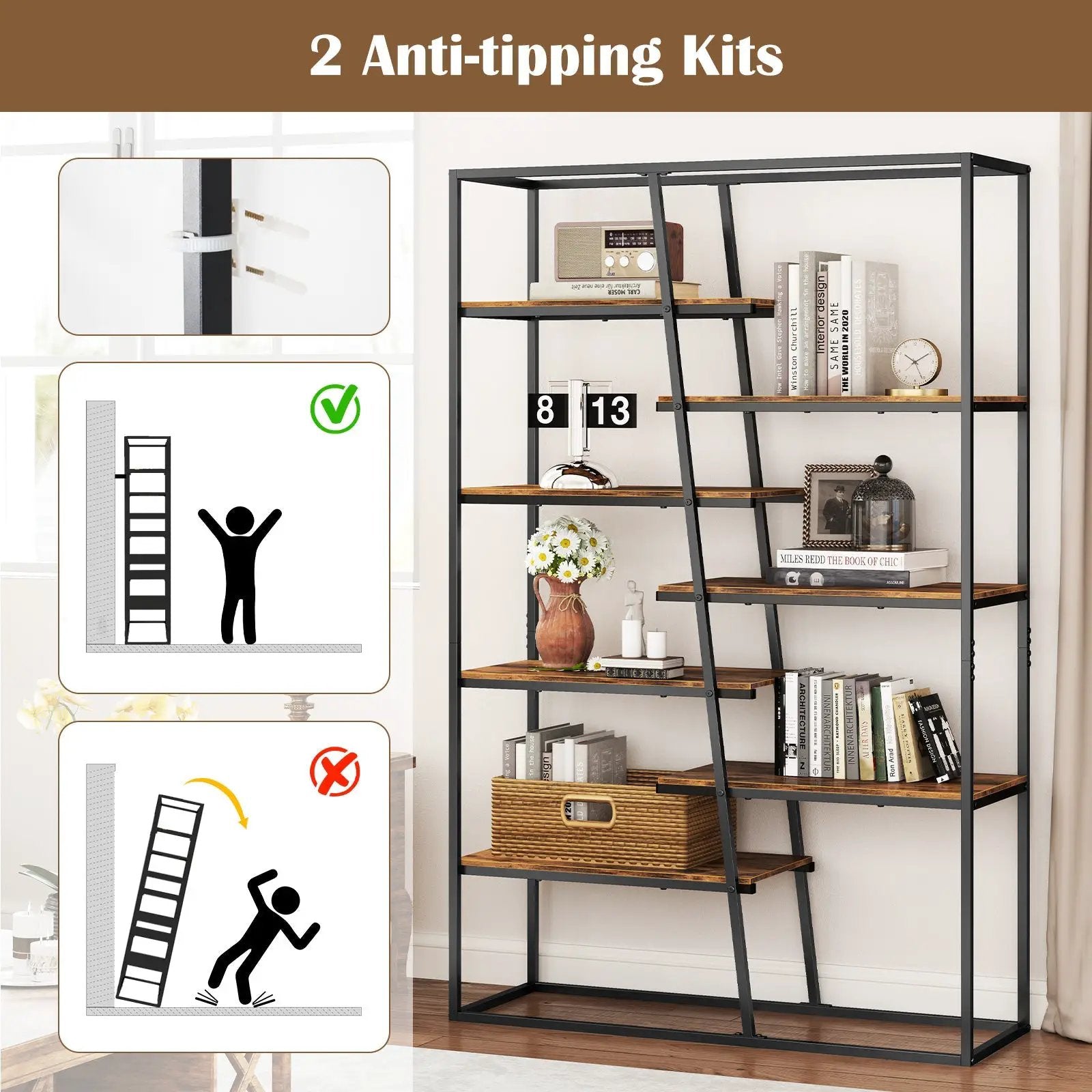 71-Inch 7-Tier Industrial Etagere Bookcase with Heavy-duty Metal Frame-Rustic Brown by DirectDeals