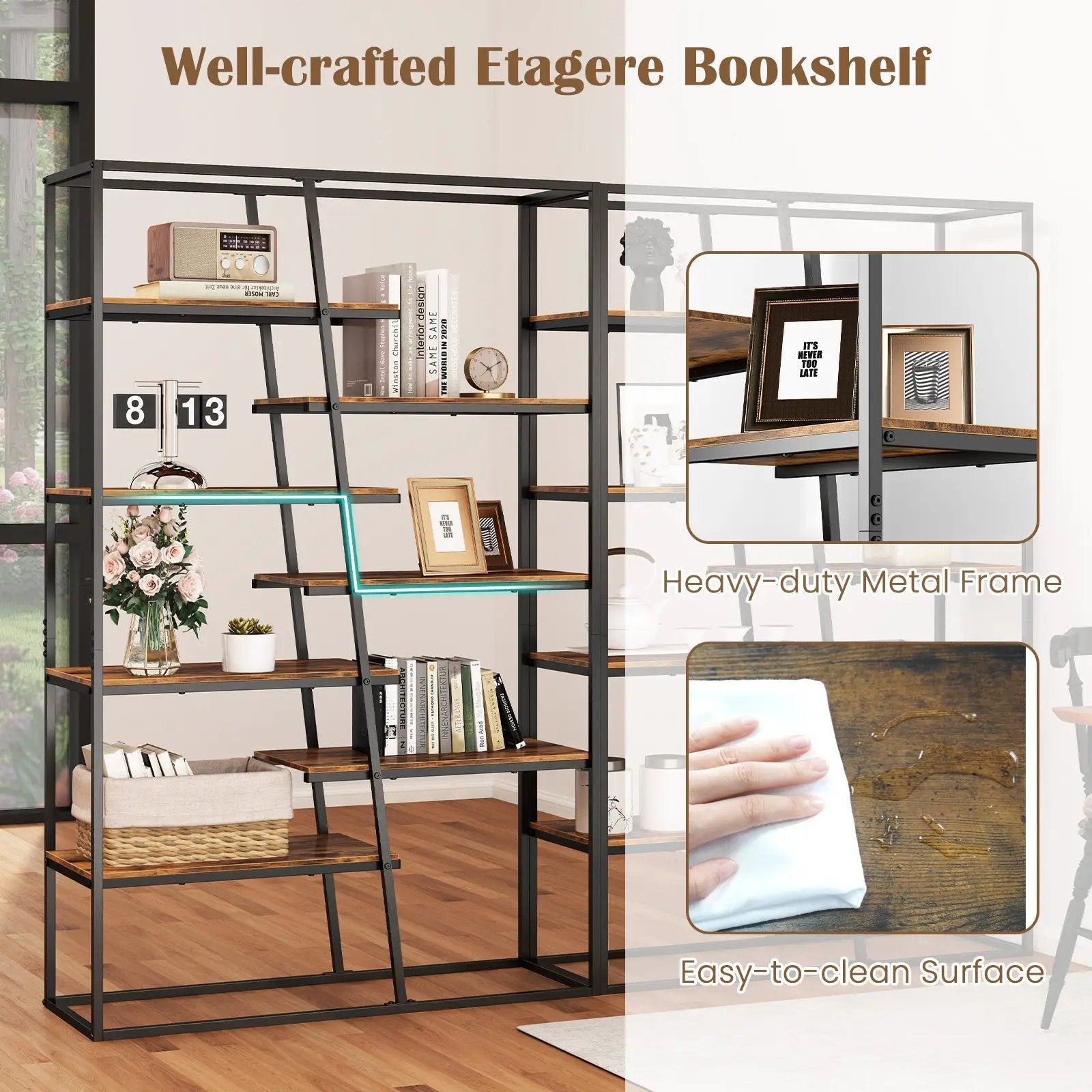 71-Inch 7-Tier Industrial Etagere Bookcase with Heavy-duty Metal Frame-Rustic Brown by DirectDeals
