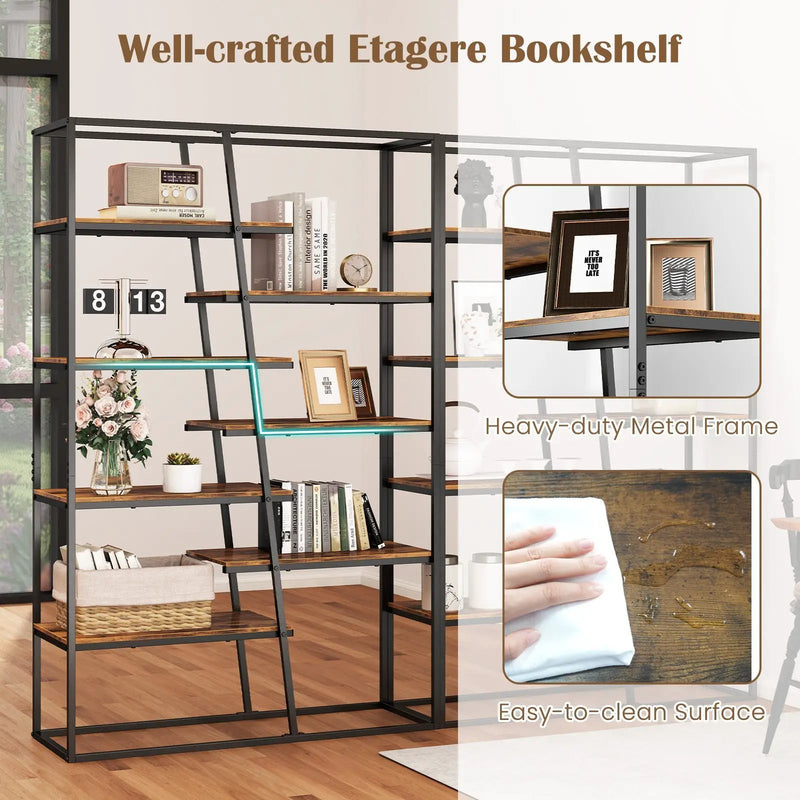 71-Inch 7-Tier Industrial Etagere Bookcase with Heavy-duty Metal Frame-Rustic Brown by DirectDeals