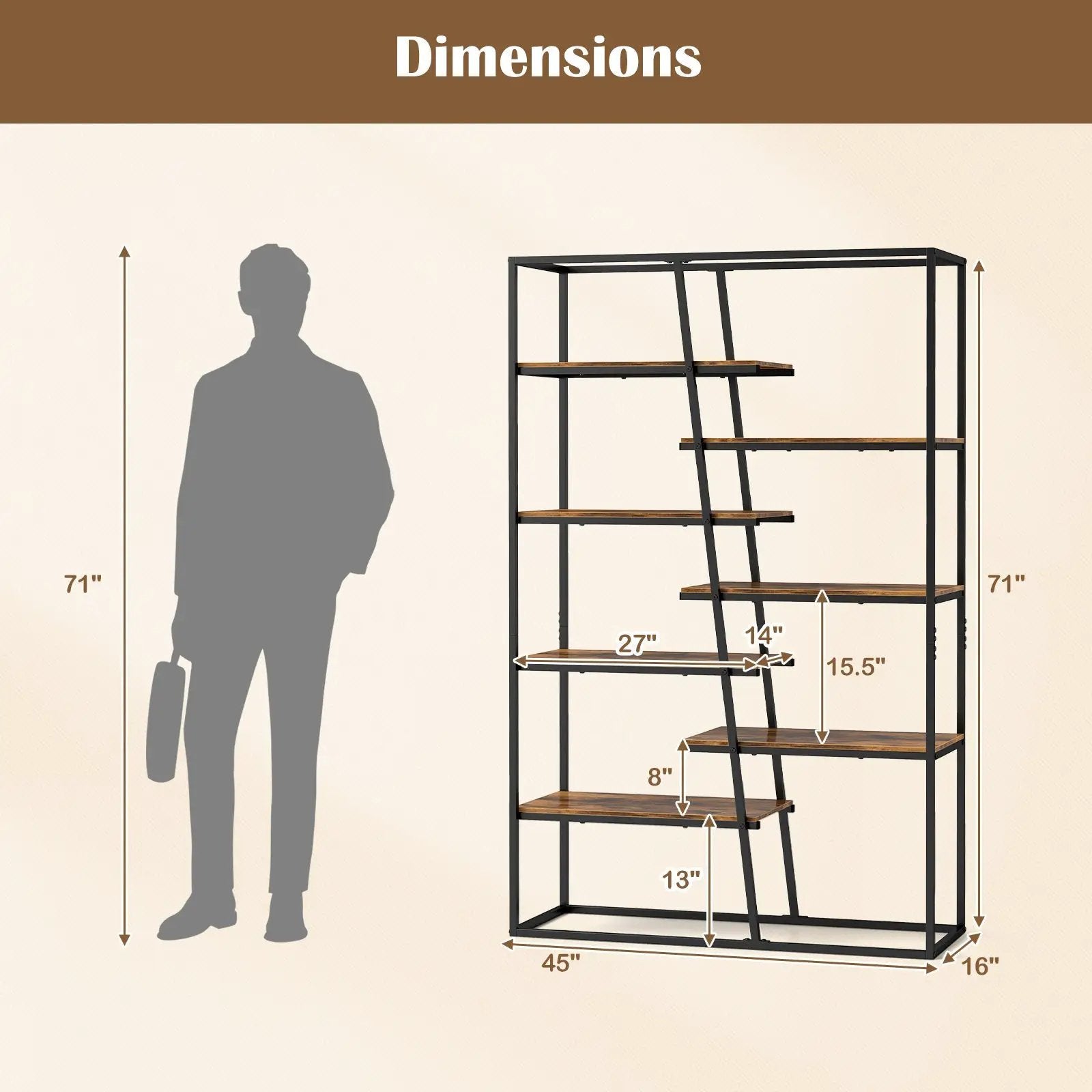 71-Inch 7-Tier Industrial Etagere Bookcase with Heavy-duty Metal Frame-Rustic Brown by DirectDeals