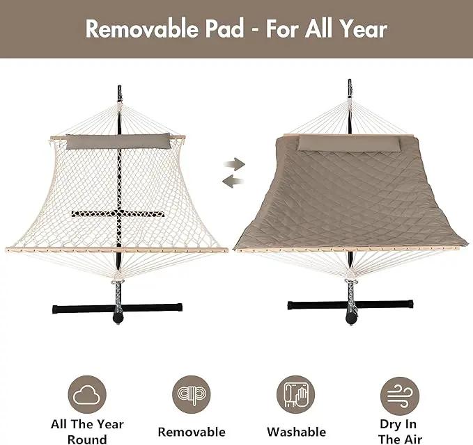 ANOW 2 Person Hammock with 12FT Heavy Duty Steel Stand, Double Rope Hammock with Detachable Pillow and Pad for Outdoors Indoors, 450 LBS Weight Capacity, Light Brown by GreenHaven Gardens