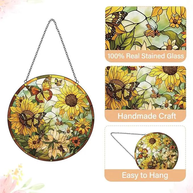 Sunflower Decor Suncatcher Stained Glass Window Hanging - Butterfly Stained Glass Suncatchers for Windows - Sun Catchers Indoor Window with Chain and Hook - Sunflower Gifts for Women Mom Teacher Gift by GreenHaven Gardens