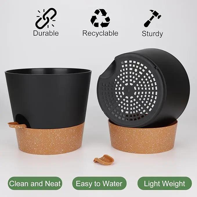 10-Inch Plant Pots, Self-Watering Planters with Drainage Holes & Saucers for Indoor and Outdoor Plants (2-Pack, Black) by GreenHaven Gardens